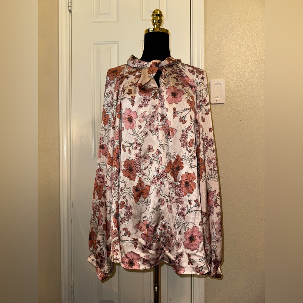 Liz Claiborne Cream Blouse with Pink and Rust Floral Print